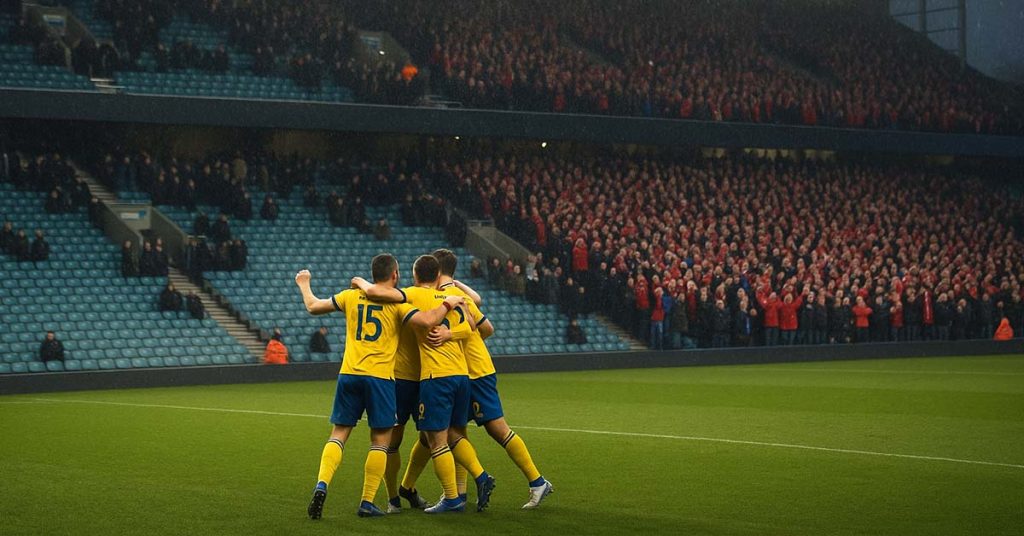 Players celebrating a goal together against empty home end