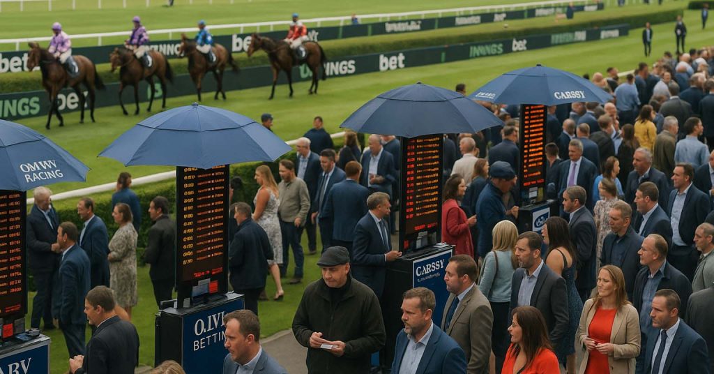 Crowd enjoying a horse racing event.