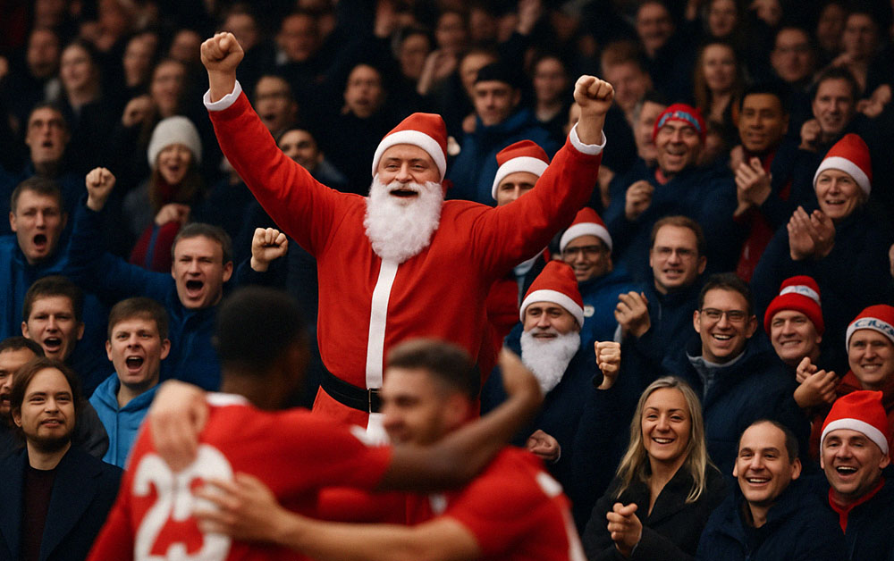 Santa celebrating in football crowd.