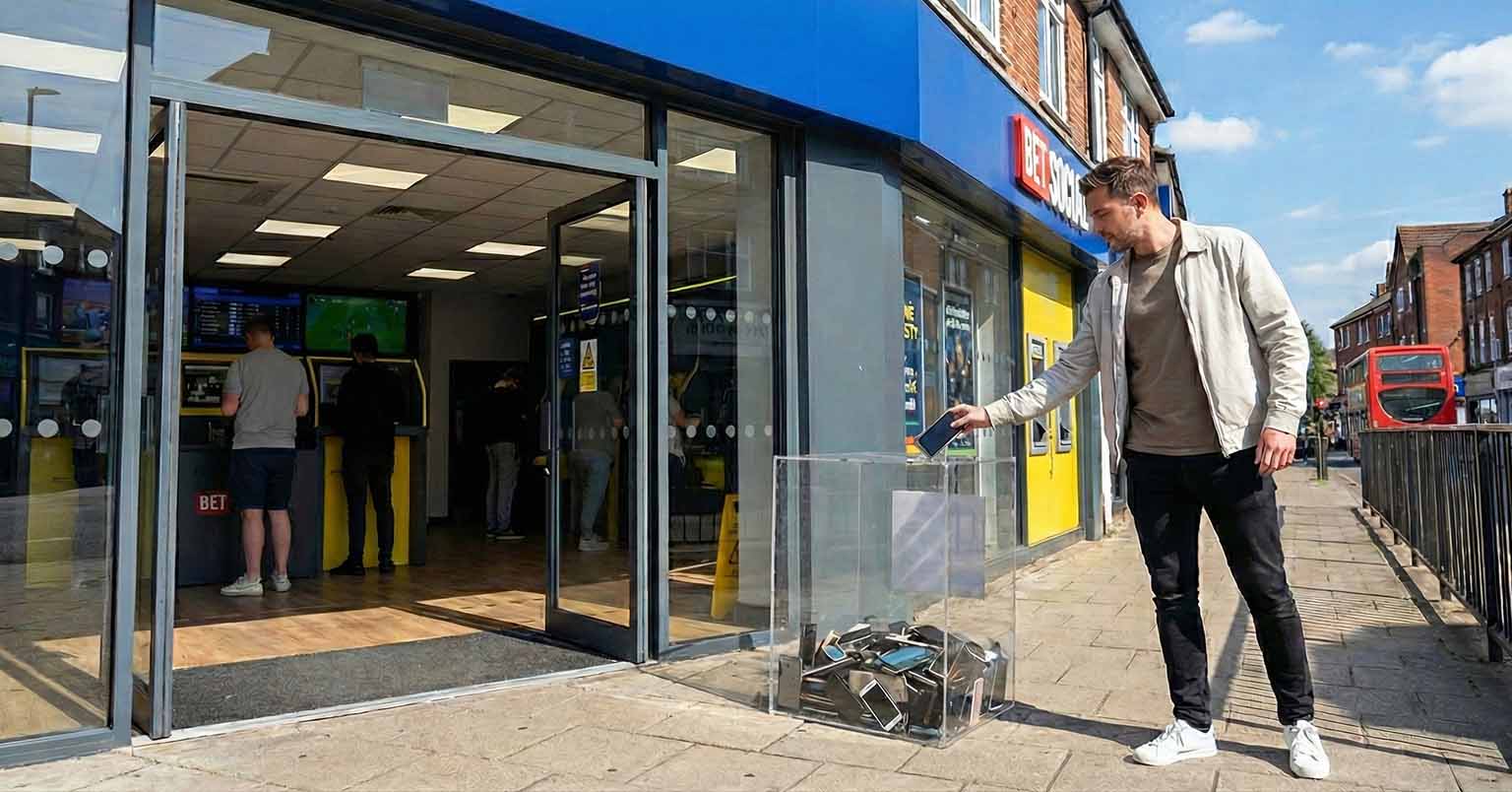 Man discarding phone outside shop.