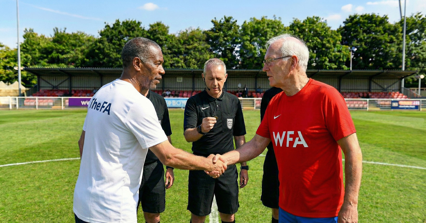 Two walking football teams shaking hands before match